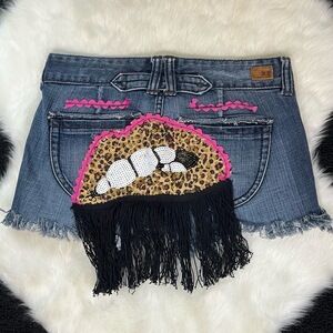 Vintage X2 Shorts Y2K Low Rise Micro Mini Leopard Patch Fringe Denim Pink Trim